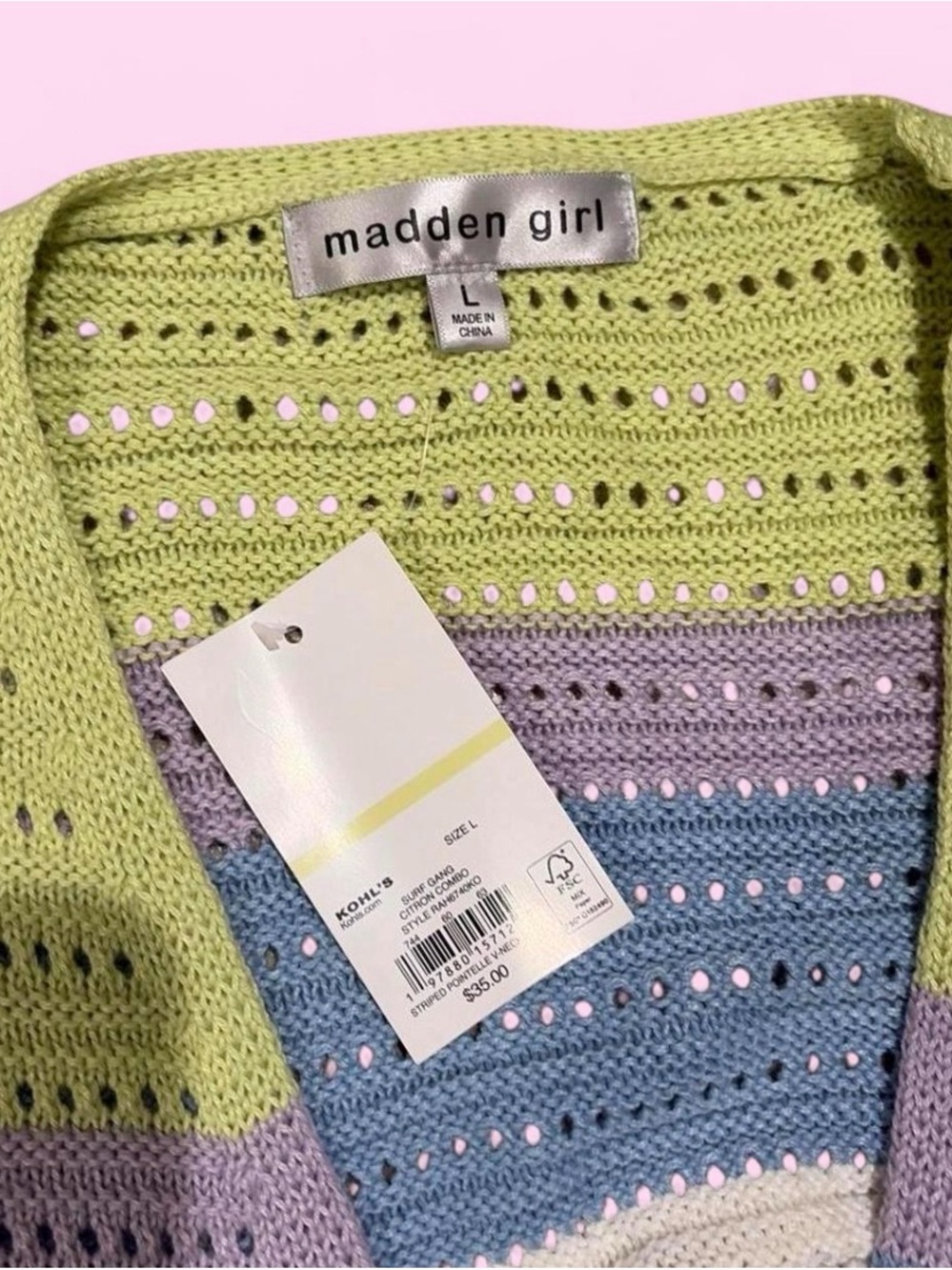 Madden Girl Pastel Striped Cropped V-Neck Tie-Front Sweater - Picture 2 of 2
